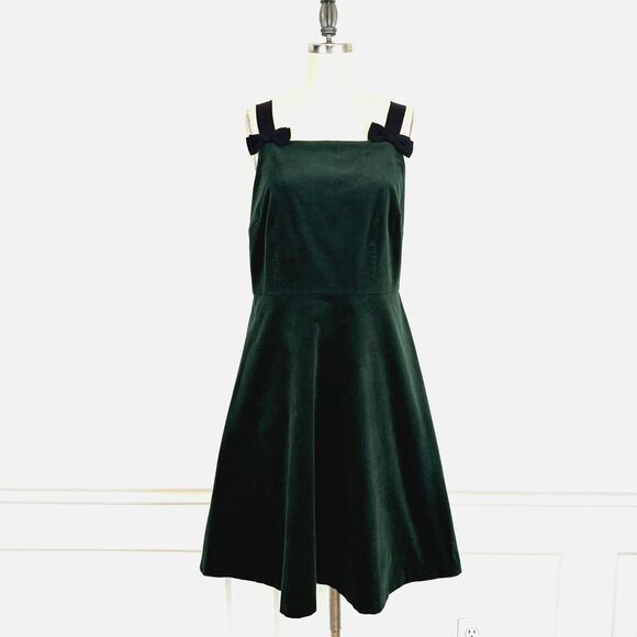 Talbots Velvet Green Pinafore Dress with Bows Size 8P Holidays Retro Coquette - Picture 1 of 10